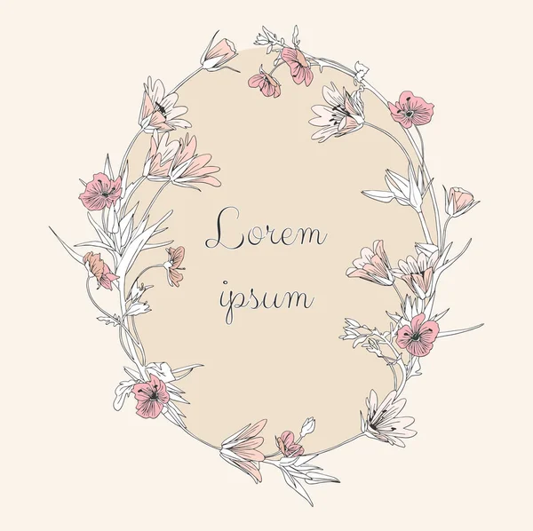 Elegant Decorative Hand Drawn Vector Flower Wreath Neutral Beige Background — Stock Vector