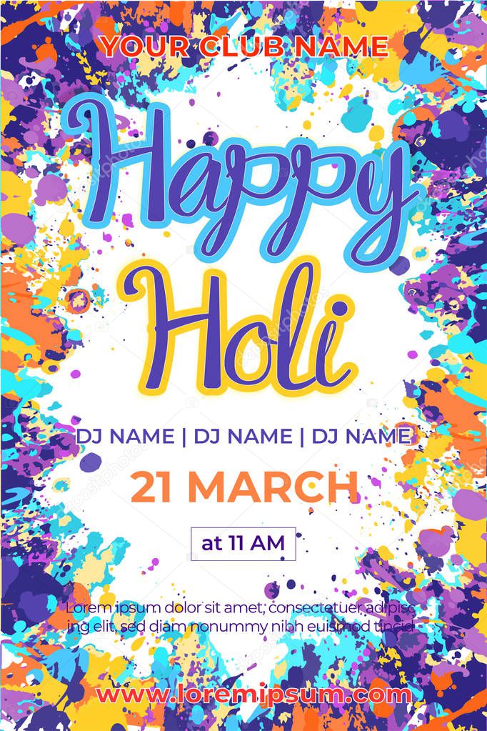 Holi celebration party colorful purple and yellow splattered club flyer template. Vector eps 10
