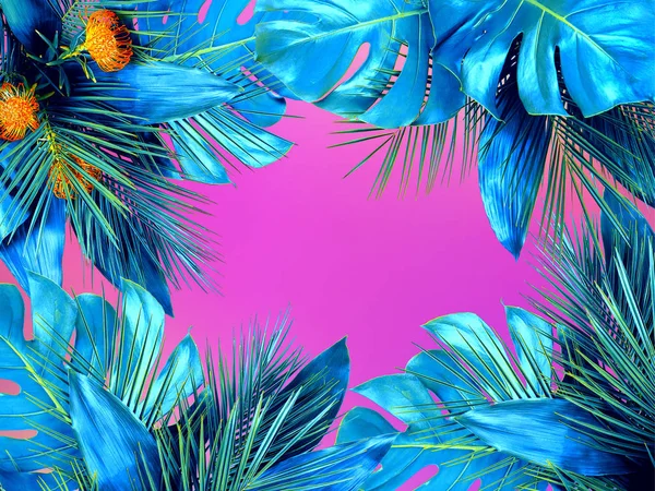 De moda de color turquesa primer plano de varias hojas tropicales en —  Fotos de Stock