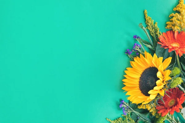 Verschiedene bunte Sommerblumen liegen auf mint Hintergrund — Stockfoto