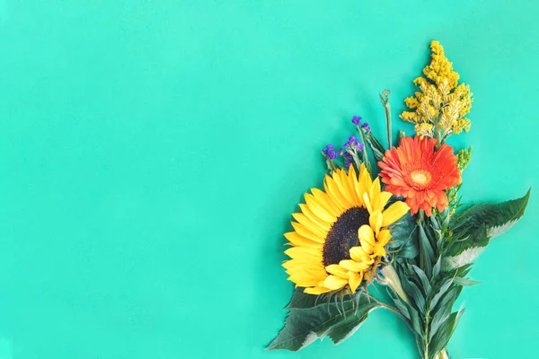 Verschiedene bunte Sommerblumen liegen auf mint Hintergrund — Stockfoto