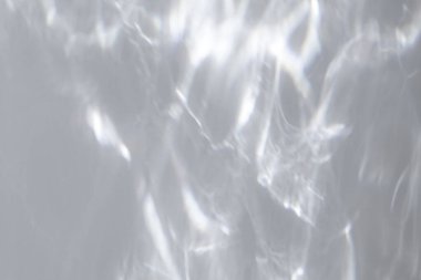 Bulanık su dokusu, fotoğraf ve maketler için örtüşüyor. Beyaz bir duvara organik gölge ve ışık yakıcı etki bırakıyor. Doğal ışık efektleri için gölgeler