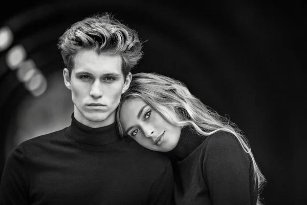 Model couple in love black and white moody image