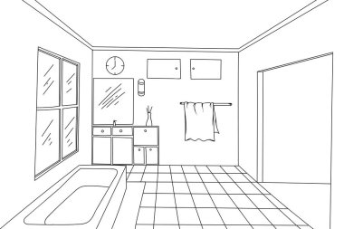 Banyo iç el çizim sahne vektör tel kafes beyaz bir arka plan üzerinde