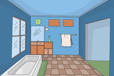 Banyo iç renkleri el çizim sahne vektör ev tasarım arka plan stil.