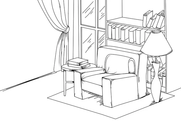 ワイヤ フレーム内部の背景を描く白いベクトル手の家リビング — ストックベクタ