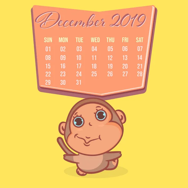 Söt Monkey Brown Tecknad Scen Med December 2019 Kalender Vektor — Stock vektor