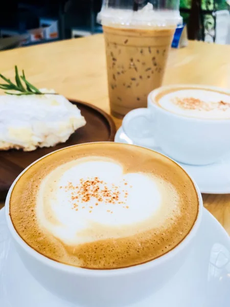 Hot Drink Cappuccino Coffee Wood Table Food Drink Background — Stock Photo, Image