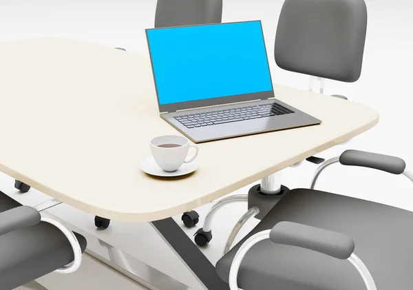 会议桌面上的笔记本电脑和杯子咖啡3D渲染商业墙纸背景 — 图库照片
