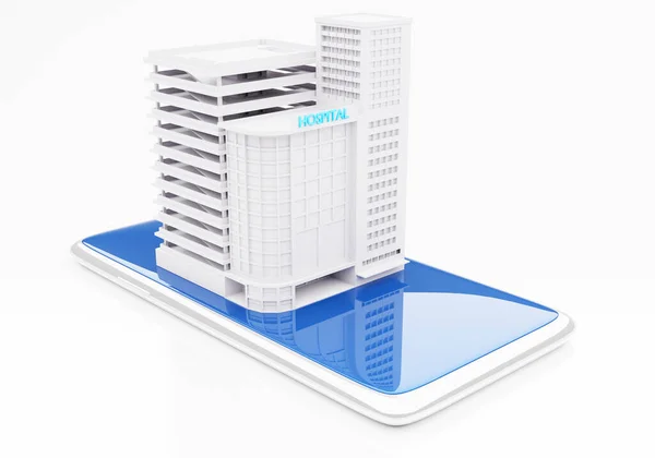 智能电话和健康概念医院大楼3D渲染建筑背景 — 图库照片
