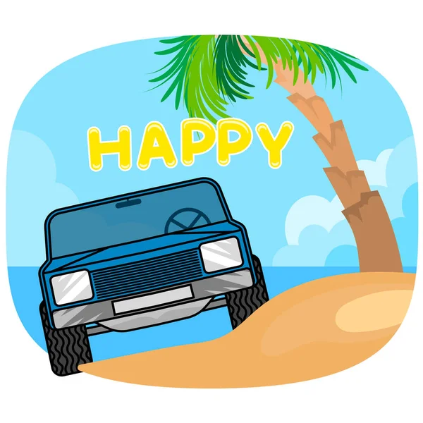 Blue car on the beach vector cartoon summer holiday background