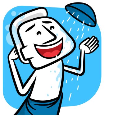 Beyaz adam karikatür duşu beyaz arka planda banyo sahnesi vektör konsepti