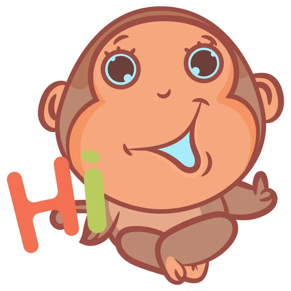 Lindo Pequeño Mono Marrón Sonriendo Decir Hola Concepto Dibujos Animados — Vector de stock