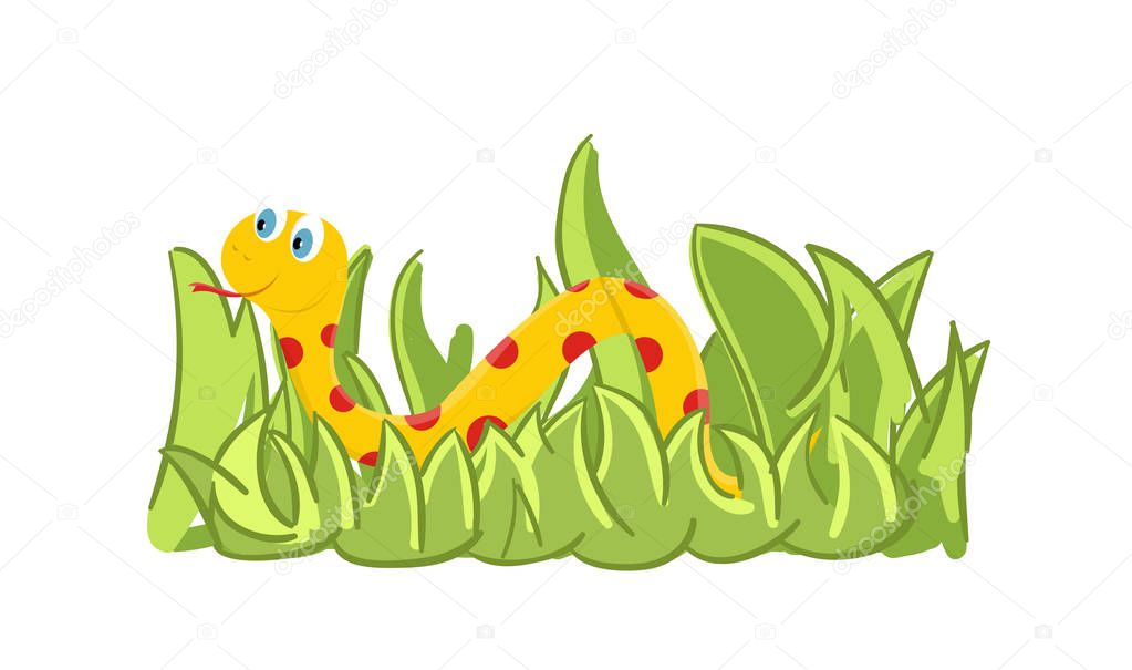 Beautiful cartoon snake in the grass. Cute reptile in the zoo. Vector Illustration.