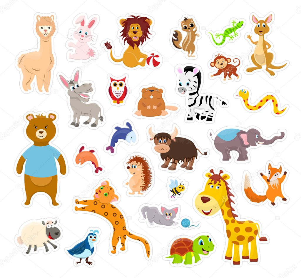 Sticker zoo animals isolated on the white background with cutting line. Vector illustration page.
