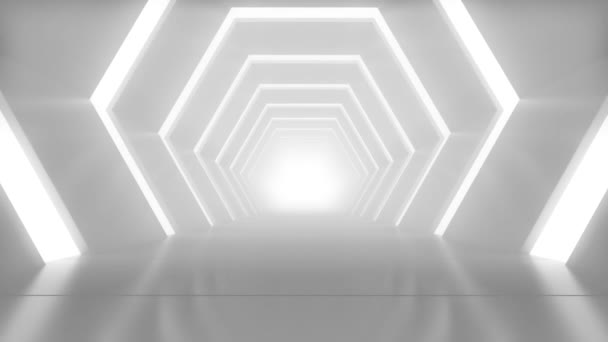 カメラが前進する現実的な六角形の建築スタジオ 清潔で空っぽの部屋をゆっくり歩く 創造的な未来のトンネル レンダリングイラストレーション — ストック動画