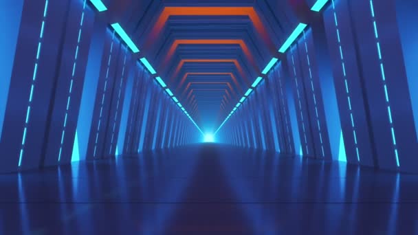 Futuristic Blue Hall Camera Moving Forward Slow Walking Cosmic Interior — Stock Video