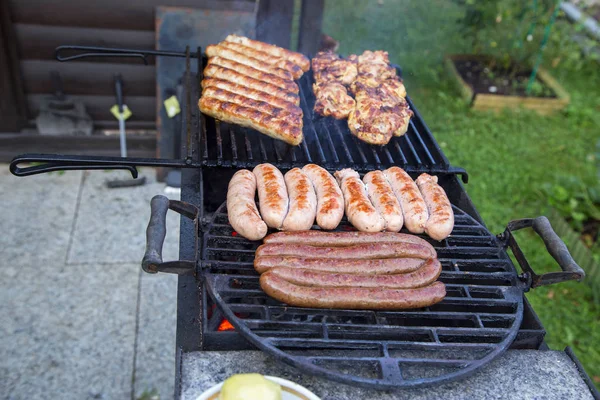 Preparation Tasty Sausages Meat Gil Horizontally — Stock Photo, Image