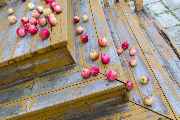 Fresh red apples lie on a wooden painted staircase. The paint was peeling in places. Horizontally