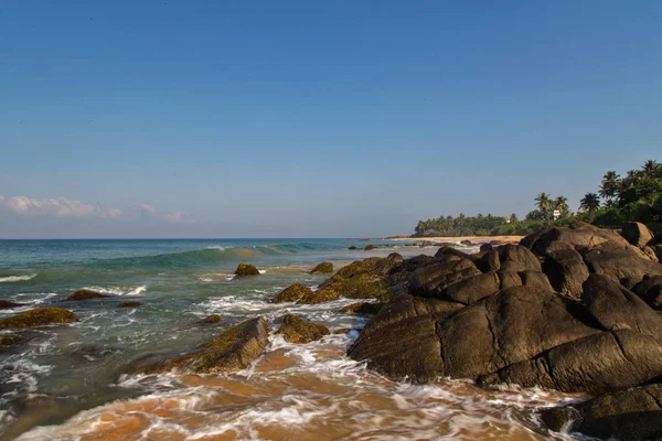 Beautiful Beach Palm Trees Boulders Tropical Island Sri Lanka Horizontal — Stock Photo, Image
