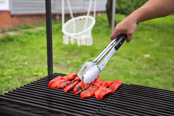 Cooking Sausages Meat Open Fire — Stock Photo, Image