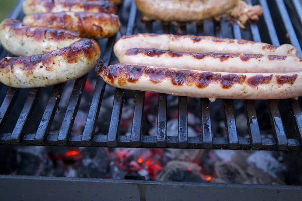 Cocinar Salchichas Carne Fuego Abierto — Foto de Stock