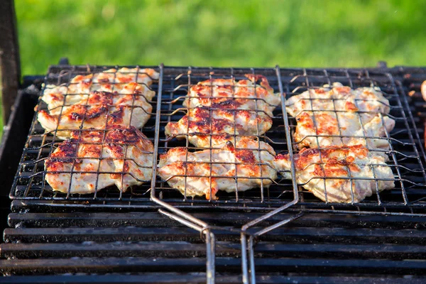 Deliciosas Salchichas Carne Una Parrilla Metal Fríen Brasas Calientes Para — Foto de Stock