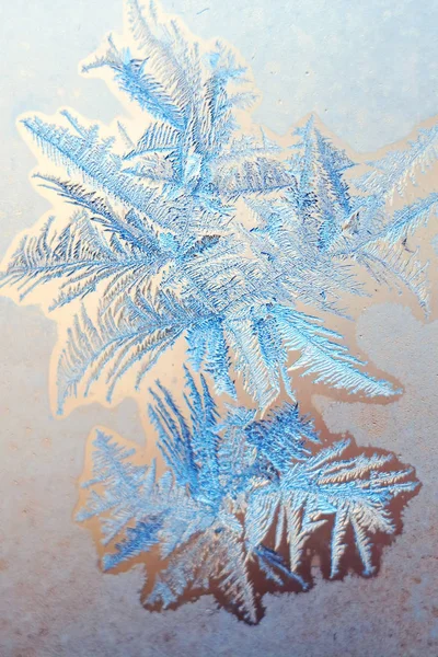 The texture of the frosty patterns. Winter frosty blue patterns on glass pink background