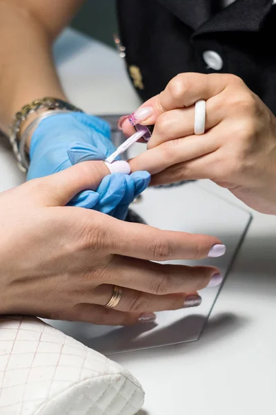Hardware Manicure Using Electric Device Machine Procedure Preparation Nails Applying — Stock Photo, Image