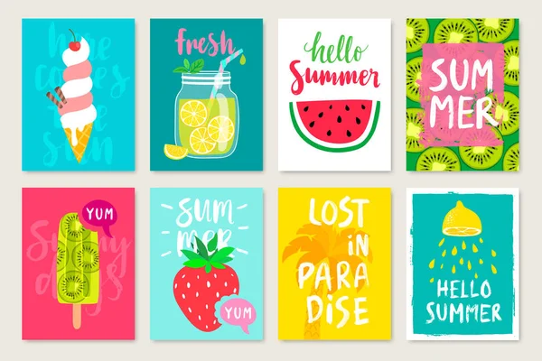 Cartões Caligráficos Desenhados Mão Verão Com Frutas Coquetéis Sorvete Use —  Vetores de Stock