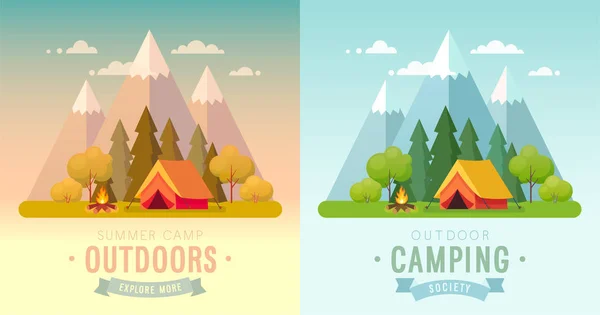 Summer Camping Day Sunset Graphic Posters Banners Mountains Trees Tent — Stock Vector