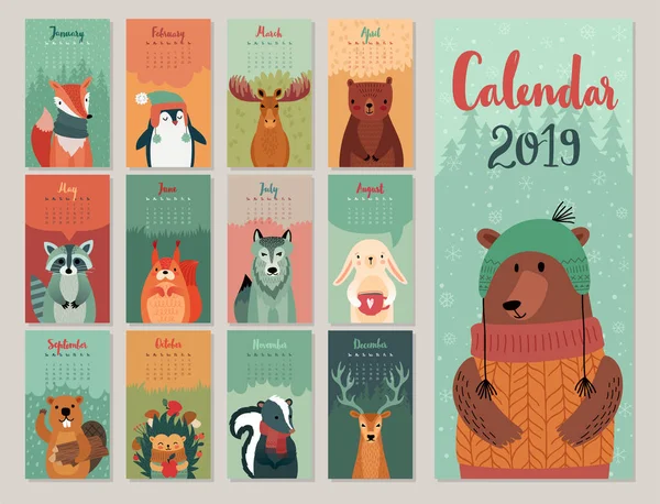 Kalender 2019 Niedlicher Monatskalender Mit Waldtieren Handgezeichnete Stilfiguren Vektorillustration — Stockvektor