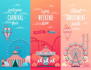 Eğlence Parkı manzara afiş döner mekanizmalar, roller coaster ve hava balonu ile ayarlayın. Sirk, eğlence Fuarı ve Carnival Tema vektör çizim.