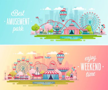Eğlence Parkı manzara afiş döner mekanizmalar, roller coaster ve hava balonu ile. Sirk, Eğlence Fuarı ve Carnival tema vektör çizim.