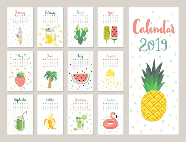 Kalender 2019 Söt Månadskalender Med Livsstil Objekt Frukter Och Växter — Stock vektor