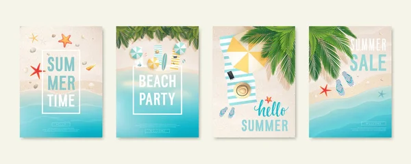 Beach Card Tropicali Con Sabbia Mare Palme Volantini Estivi Con — Vettoriale Stock