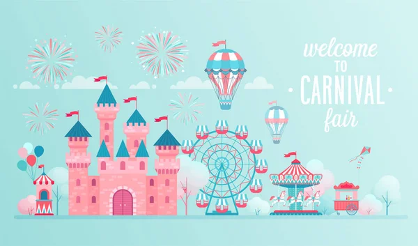 Pretpark Landschap Banners Met Kasteel Carrousels Luchtballon Circus Kermis Carnaval — Stockvector