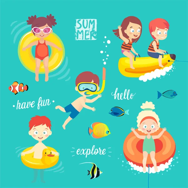 Summer Kids Set Nadar Bucear Jugar Divertirse Agua Ilustración Vectorial — Vector de stock