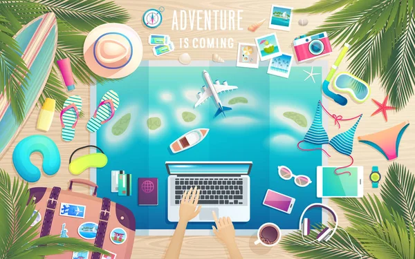 Adventure Comming Preparing Trip Tropical Paradise Summer Travel Poster Packing — Stock Vector