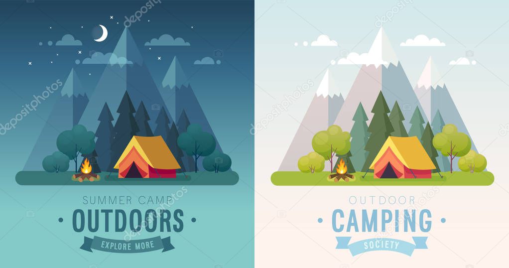 Summer Camping morning and night graphic posters. Banners with mountains, trees, tent and campfire. Climbing, hiking, trakking sports Vector illustration.