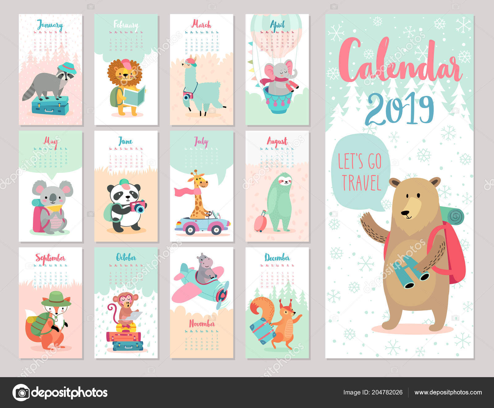 calendar-2019-cute-monthly-calendar-forest-animals-hand-drawn-style-stock-vector-image-by