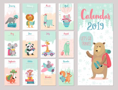 Calendar 2019. Cute monthly calendar with forest animals. Hand drawn style characters. Travel theme.