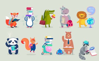 Geri okula çizilmiş stil, eğitim Tema hayvanlar el. Sevimli karakterler. Ayı, Penguen, su aygırı, panda, fox ve diğerleri. Vektör çizim.