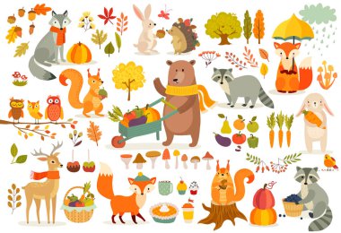 FAll theme set, forest Animals hand drawn style. Vegetables, trees, leaves, food for harvest festival or Thanksgiving day. Cute autumn charactrs - bear, fox, raccoon, squirel. Vector illustration.
