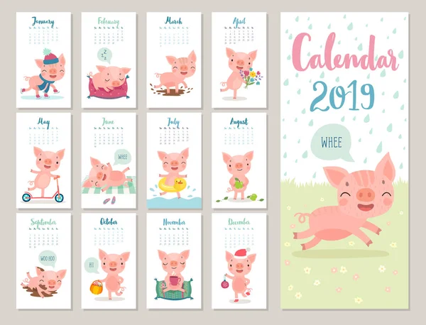 Calendario 2019 Calendario Mensile Carino Con Maialini Allegri Personaggi Disegnati — Vettoriale Stock