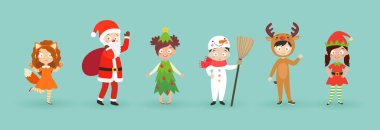 Çocuklar Noel kostüm giyiyor. Komik ve sevimli karnaval çocuklar ayarlayın. Vektör çizim.
