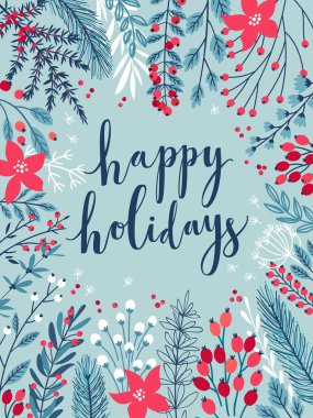 Noel Callygraphic kartı - elle çizilmiş çiçek vektör çizim. Noel Dekor elementleri ile el yazısı yazı.