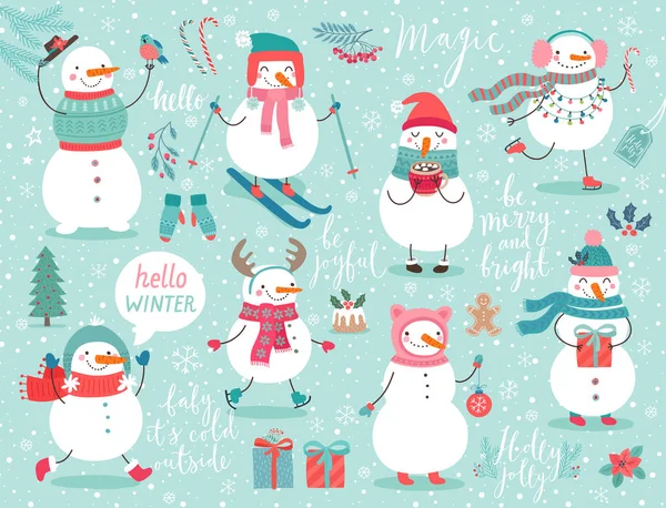 クリスマスは かわいい雪だるまと他の要素を設定します ギフト スケート スキー クリスマス ボールと変な文字 — ストックベクタ
