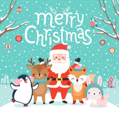 Sevimli karakterler fox - Noel Baba, sarılma, Ren geyiği, penguin ve tavşan..