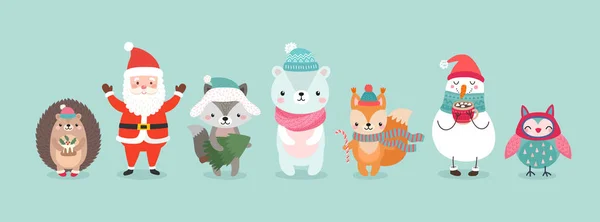 Christmas characters - animals, snowmen, Santa Claus. — Stock Vector
